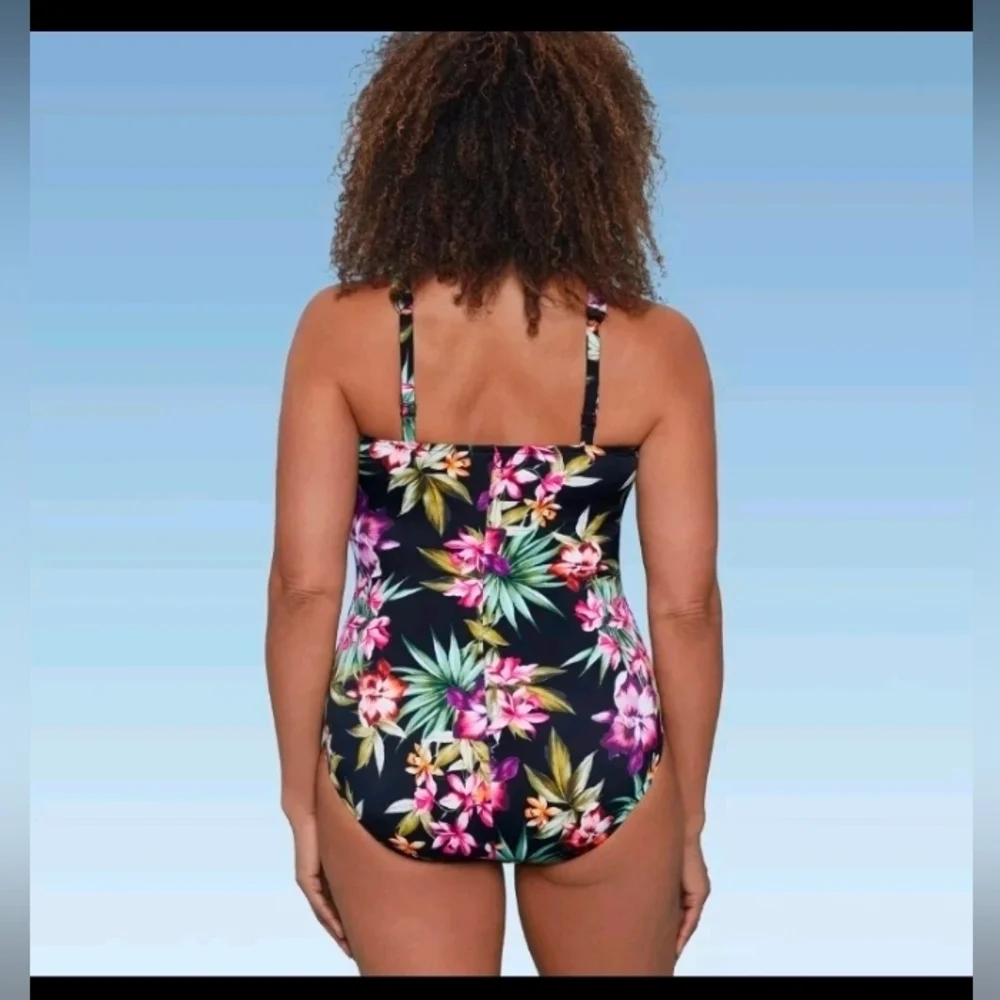 Aqua Green Women's UPF 50 V Neck Ruched Shaping Swimsuit Black Floral Size 10